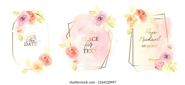 Conjunto de marcos geométricos dorados con flores y hojas. Diseño para tarjeta, invitación, logotipo