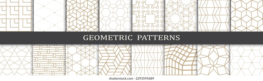 Satz geometrischer goldener Muster. Abstrakte geometrische Grafikdesign-Druckmuster. Nahtlose geometrische goldene Linien Muster.
