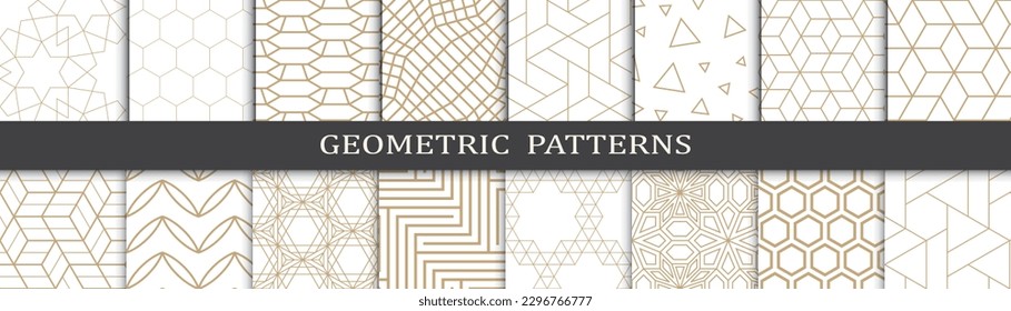 Set of geometric golden patterns. Abstract geometric graphic design print patterns. Seamless geometric golden lines pattern.