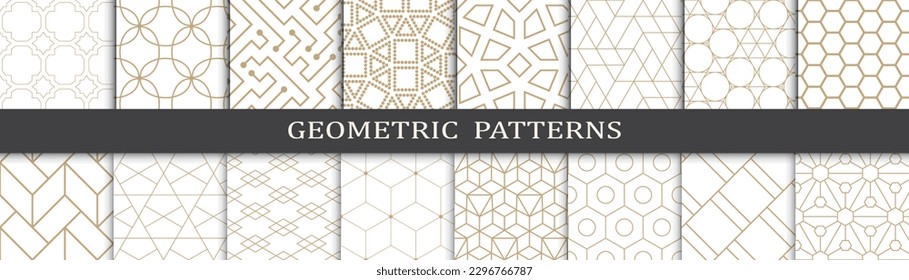 Conjunto de patrones geométricos dorados. Resumen de patrones de impresión de diseño gráfico geométrico. Patrón de líneas doradas geométricas sin foco.