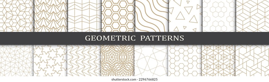Conjunto de patrones geométricos dorados. Resumen de patrones de impresión de diseño gráfico geométrico. Patrón de líneas doradas geométricas sin foco.