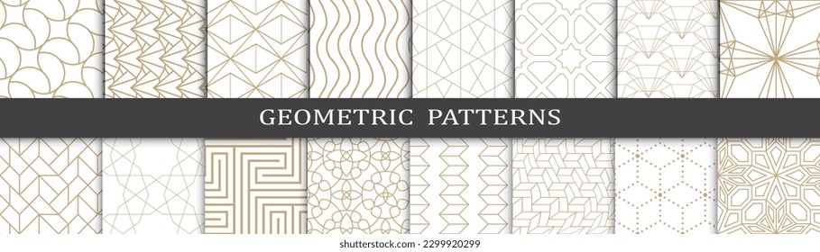 Conjunto de patrones geométricos dorados. Resumen de patrones de impresión de diseño gráfico geométrico. Patrón de líneas doradas geométricas sin foco.