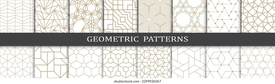 Set of geometric golden patterns. Abstract geometric graphic design print patterns. Seamless geometric golden lines pattern.