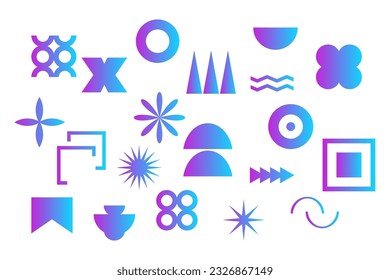 Set geometric gradient shapes contemporary modern trendy elements basic forms isolated on white background, futuristic figures, minimal abstract