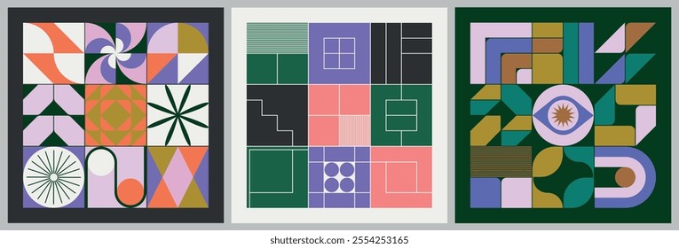 Set of geometric, graphic, vintage, abstract and colorful compositions. Modernist pattern with vector illustrations.