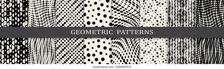 Set of geometric halftone patterns. Abstract geometric graphic design halftone pattern. Seamless geometric halftone pattern.
