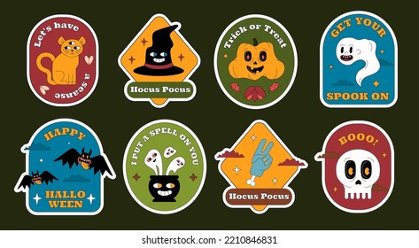 A set of geometric Halloween stickers with funny and scary characters and quotes. Trendy outlined style.
