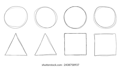 Set of Geometric Hand Drawn Pen Shapes of Circle, Rectangle and Triangle