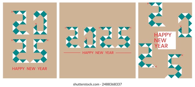 Set of geometric Happy New Year 2025 text design with snakes, puzzle toy. Numbers from snakes. Design for notepad cover, Brochure design template, postcard, banner, flyer, calendar. Vector EPS10