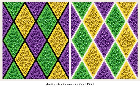 Set of geometric harlequin patterns with rhombus grid. Mosaic with shiny glossy beads. Illustration for Mardi Gras carnival. Vintage illustration for prints, clothing, holiday, surface design