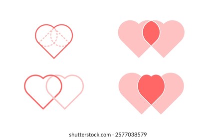 Set of geometric hearts  and two heart intersect. Vector Illustration.