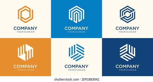 set of geometric Hexagon logo design with stripe concept, modern company business logo template