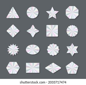 Satz geometrischer Hologrammetiketten, Vektorflachgrafik. Vektorelement für Produktgarantie.