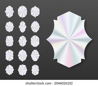 Set of geometric hologram labels vector flat illustration. Vector element for product guarantee. Wavy iridescent foil or silver colored blank rainbow shiny emblems.