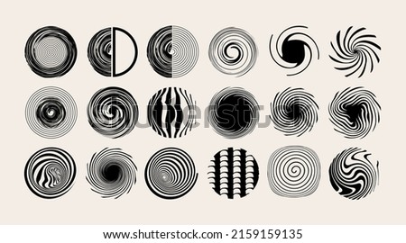 Set of geometric hypontite figures. Unusual linear futuristic objects, whirlwinds, funnels, vortex, wood texture. Deformed figures. Vector illustration