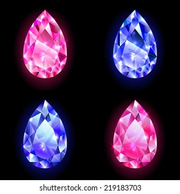 Set of geometric icons, diamonds in the form of drops on black