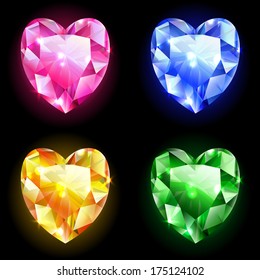 Set of geometric icons, diamonds  in the shape of heart, isolated on black, design elements