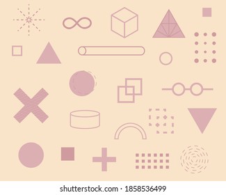 set of geometric icons. Different pink shapes on pink background.  triangle, square. Collection trendy halftone vector geometric shapes.