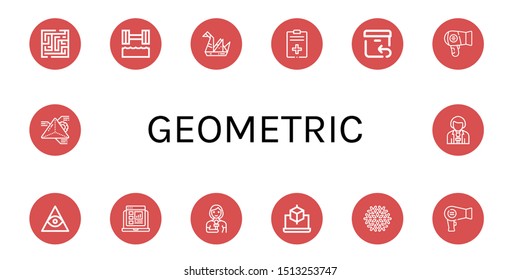 Set of geometric icons such as Maze, Hydrotherapy, Origami, Report, Return, Hair dryer, Freemasonry, Reporter, Cube, Snowflake, Geometry , geometric