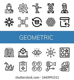Set of geometric icons such as Miner, Snowflake, Content, Pound, Shuffle, Return, Abstract, Native american, Report, Origami, Cube, Visibility, Hair dryer, Shapes , geometric