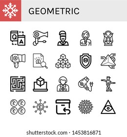 Set of geometric icons such as Snowflake, Q a, Hair dryer, Native american, Reporter, Crystal, Report, Cubes, Emblem, Geometry, Maze, Cube, Shuffle, Pound, Return , geometric