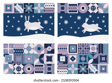 Set of geometric illustrations with white rabbit and neo geometry pattern running in the snow. Modern geometric abstract style. Vector composition for winter and christmas holidays