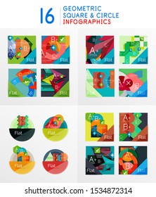 Conjunto de infografías geométricas creadas con triángulos, cuadrados y otros elementos. El diagrama abstracto moderno se compone de opciones, pasos de flujo de trabajo