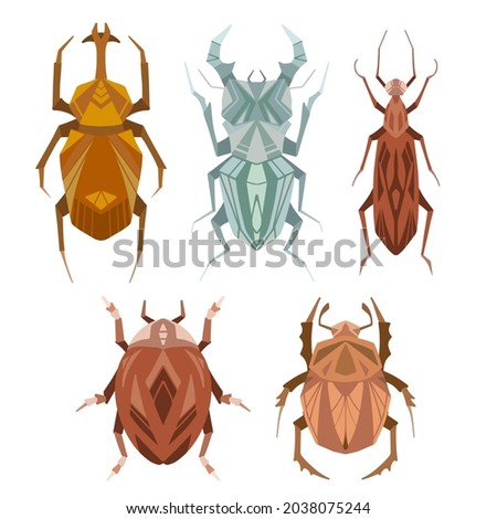 Set of geometric insects with poly decorations. Vector geometrical stag beetle, flying ant, ladybug, bedbug in retro colors. Stylish flat hand drawn bugs