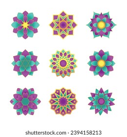 Set of Geometric Islamic Flower Mandala Object. Isolated Arabic Traditional Art Decoration Floral Arabesque Pattern for print, poster, cover, brochure, flyer, banner.