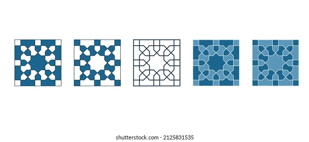 Conjunto de patrones geométricos de mosaico islámico para la decoración tarjeta de saludo o el interior en diferentes colores azules. Ilustración vectorial.