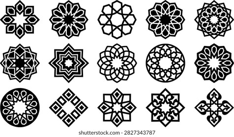 Set of geometric islamic patterns and mandalas, intricate starshaped and circular vector ornaments for design