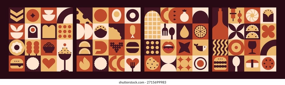 Conjunto de mosaico geométrico de cocina con ingredientes de la granja y el patrón moderno de comida rápida. Fondos para programas de cocina canales de YouTube o programas de televisión.