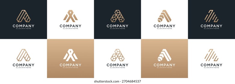 Conjunto de diseño de logotipo de letra geométrica A. Icono universal para negocios y marca. Ilustración vectorial de diseño de lujo elegante minimalista.