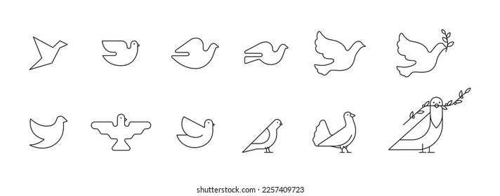 Set geometric line doves and pigeons vector illustration