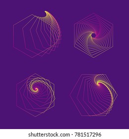 Set of geometric line figures on a violet background. Vector illustration.