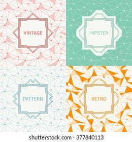 Set of geometric line hipster seamless pattern with triangle, circles. Reticulated abstract linear grid. Collection of wrapping paper. Scrapbook. Vector illustration. Gold background. Texture. 