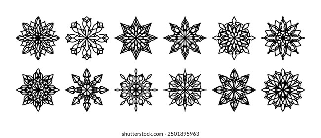 Set geometric line mandala illustrations. Vector black floral mandalas isolated on white background. Geometric patterned flower silhouette, simple ornaments star or snowflake for coloring books, pages