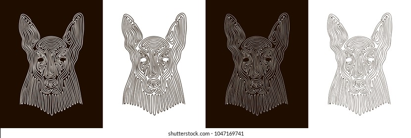 A set of geometric linear Illustrations wild dog. Portraits on a black and white background. Vector continuous lines.