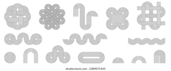 Set of geometric linear shapes in boho style. Arc, arch, wavy seamless pattern. Black outline of simple minimalistic shapes for design.