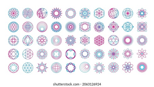 Set of geometric linear shapes.  Simple graphic icons in a modern style isolated on a white background. Abstract decorative symbols for logos, posters and cards. Digital minimalist pattern.