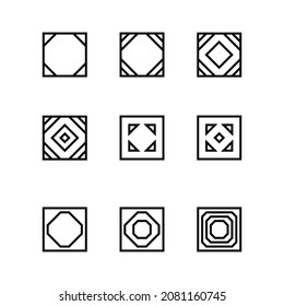 Set of geometric linear shapes. Square figures with different patterns. Collection of linear rectangular icons. Minimalist geometric design elements for game, exhibition. Editable stroke. Vector