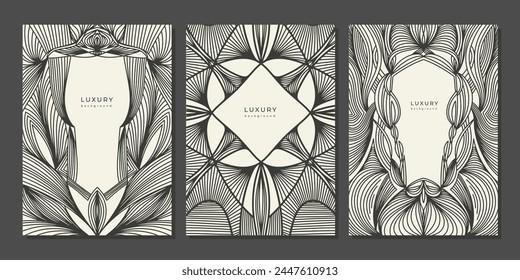 Conjunto de Plantilla lineal geométrica. Marcos vintage en blanco y negro. Fondo blanco con Elementos de contorno negro. Abstractas póster minimalista, Anuncio, portada. Plantillas retro