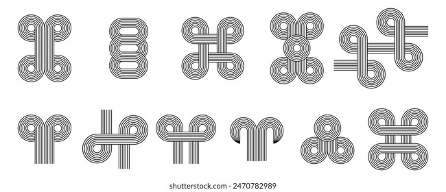 Set of geometric lines of arches and circles of twisted abstract shapes. Linear design element in modern Bauhaus boho aesthetic style.