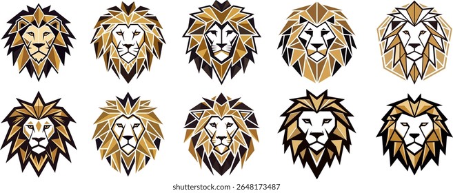 Set of geometric lion head logos with gold and black color scheme