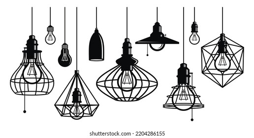 Set Of Geometric Loft Lamp, Hanging Lamp, Chandeliers, Bulbs. Vintage Flat Style Design. Black And White Vector Illustration
