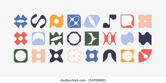 Set of geometric logos. Modern bold brutalistic square objects and shapes. Colorful minimalistic silhouette figures. Contemporary design. Vector illustration