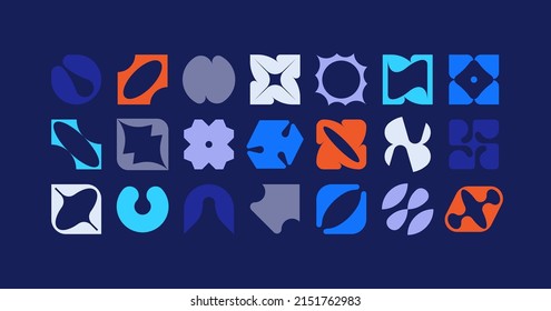 Set of geometric logos. Modern bold brutalistic square objects and shapes. Colorful minimalistic silhouette figures. Contemporary design. Vector illustration