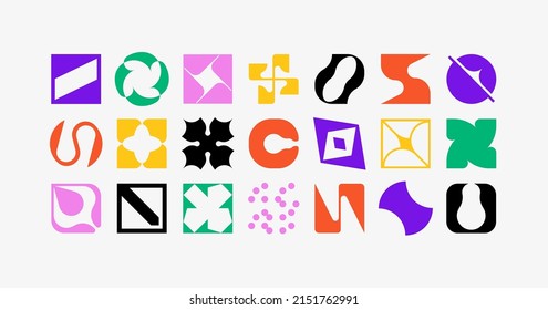 Set of geometric logos. Modern bold brutalistic square objects and shapes. Colorful minimalistic silhouette figures. Contemporary design. Vector illustration