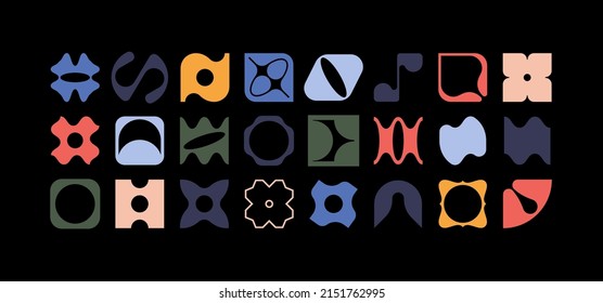 Set of geometric logos. Modern bold brutalistic square objects and shapes. Colorful minimalistic silhouette figures. Contemporary design. Vector illustration