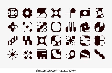 Set of geometric logos. Modern bold brutalistic square objects and shapes. Colorful minimalistic silhouette figures. Contemporary design. Vector illustration